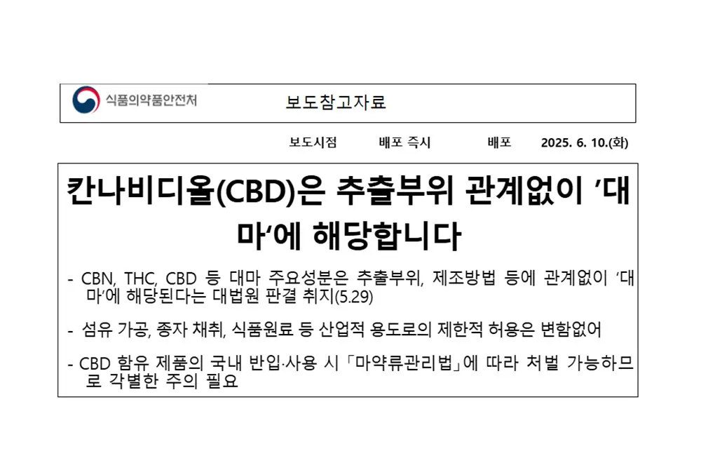韓国最高裁がCBDなどを大麻類と判断した。(出典/韓国食品医薬品安全処(MFDS))