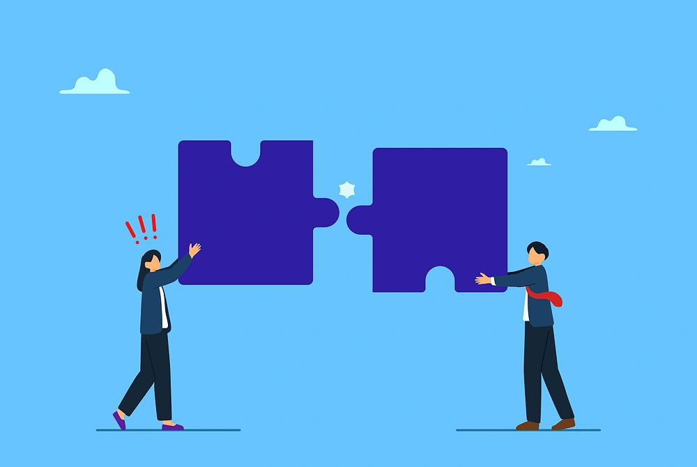 2人の人物が、大きなパズルのピースを近づけて組み合わせようとしているイラスト。