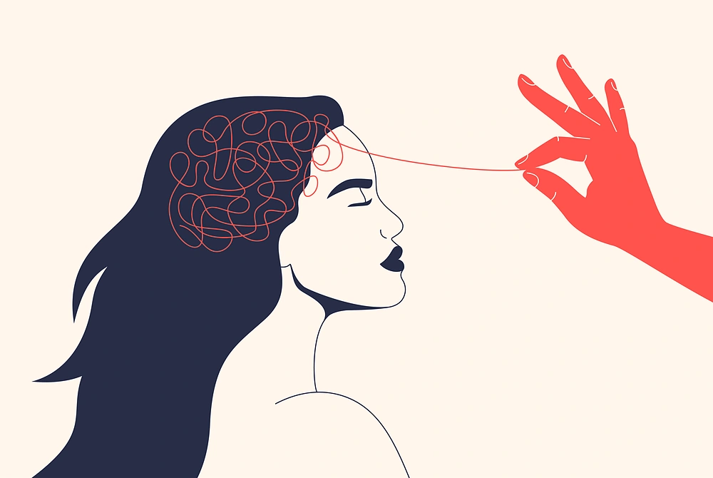 人物の頭の中の絡まった線を、手がほどこうとしているイラスト。