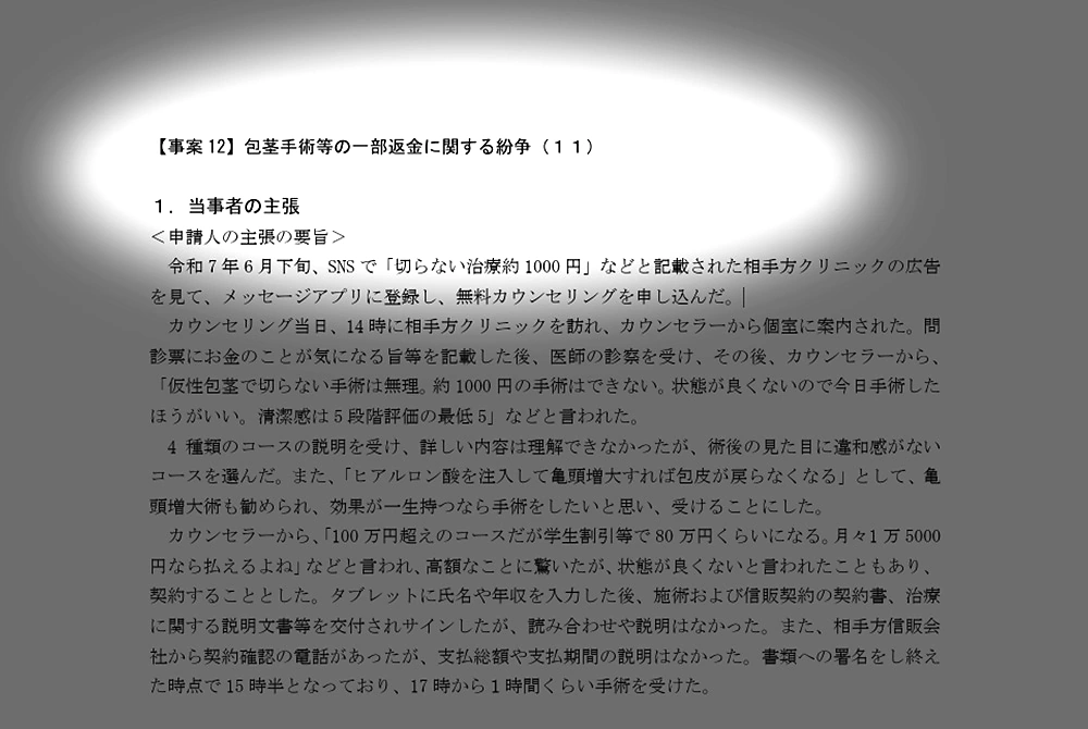 自由診療の契約や返金を巡る紛争事例の文書を、スポットライト風に示した資料画像。