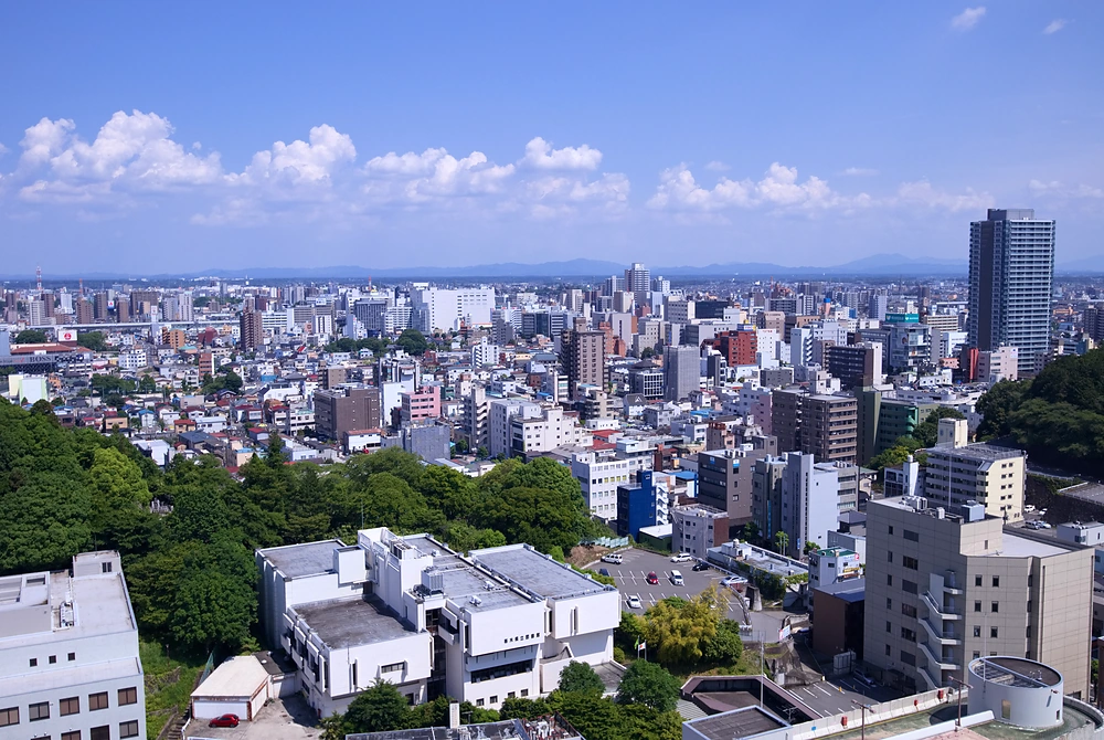 高層ビルや住宅地が広がる宇都宮市中心部の風景。