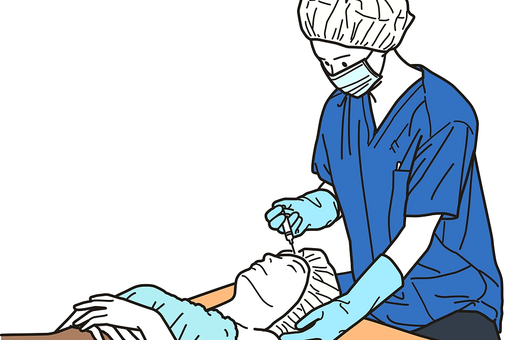 医療従事者が患者の顔に注射器で施術を行っているイラスト。