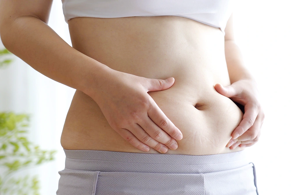 腹部に両手を当てている女性の胴体。おなかの皮膚や皮下脂肪の様子が見える。