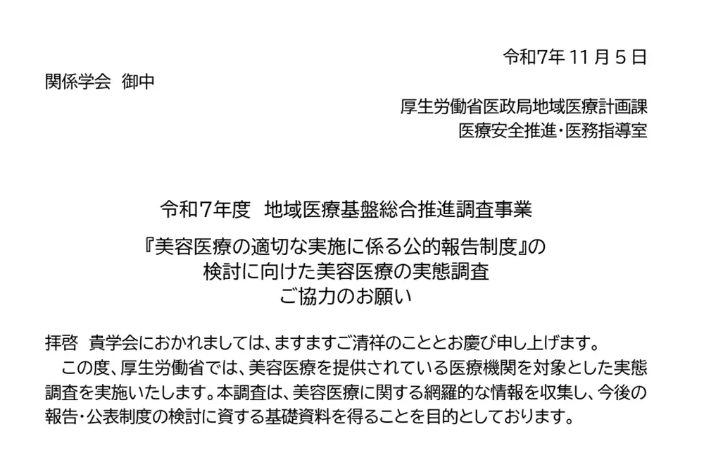 美容医療の調査開始。（出典／厚生労働省の文書、日本美容外科学会JSAPSウェブサイトより）