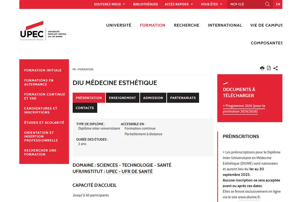 フランスのパリ東クレテイユ大学のホームページ。美容医療の研修を実施。（写真／パリ東クレテイユ大学）