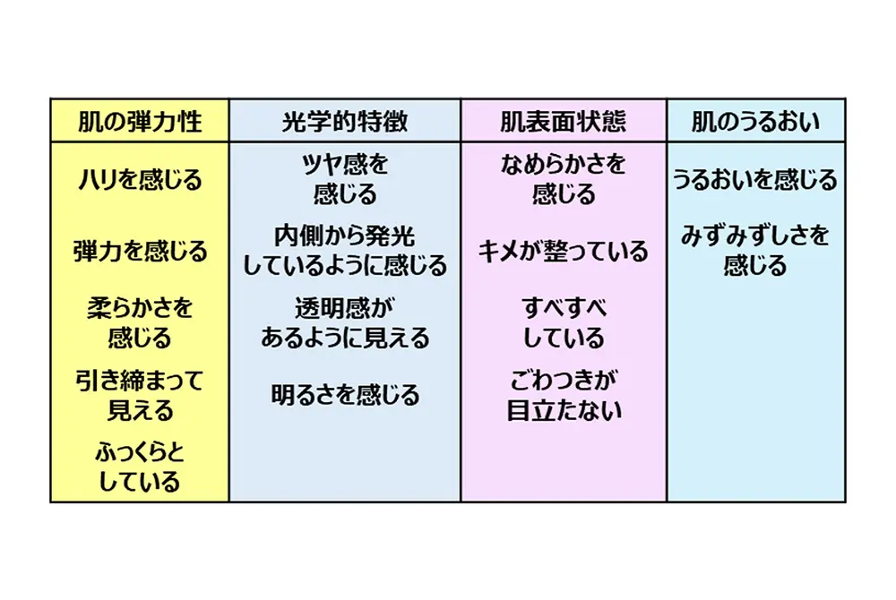 肌の印象を分類して平均点を調べた。15種類の肌印象を質問した。（出典／ポーラ化成工業）