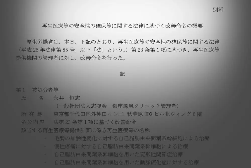 厚生労働省が銀座鳳凰クリニック管理者に改善命令。（出典／関東厚生局）