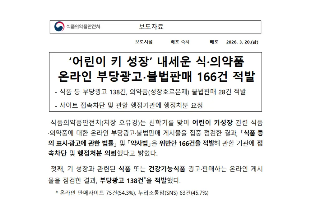 身長を伸ばすことをうたった食品や薬品の不当広告や販売が摘発。（出典／韓国の食品医薬品安全処MFDS）