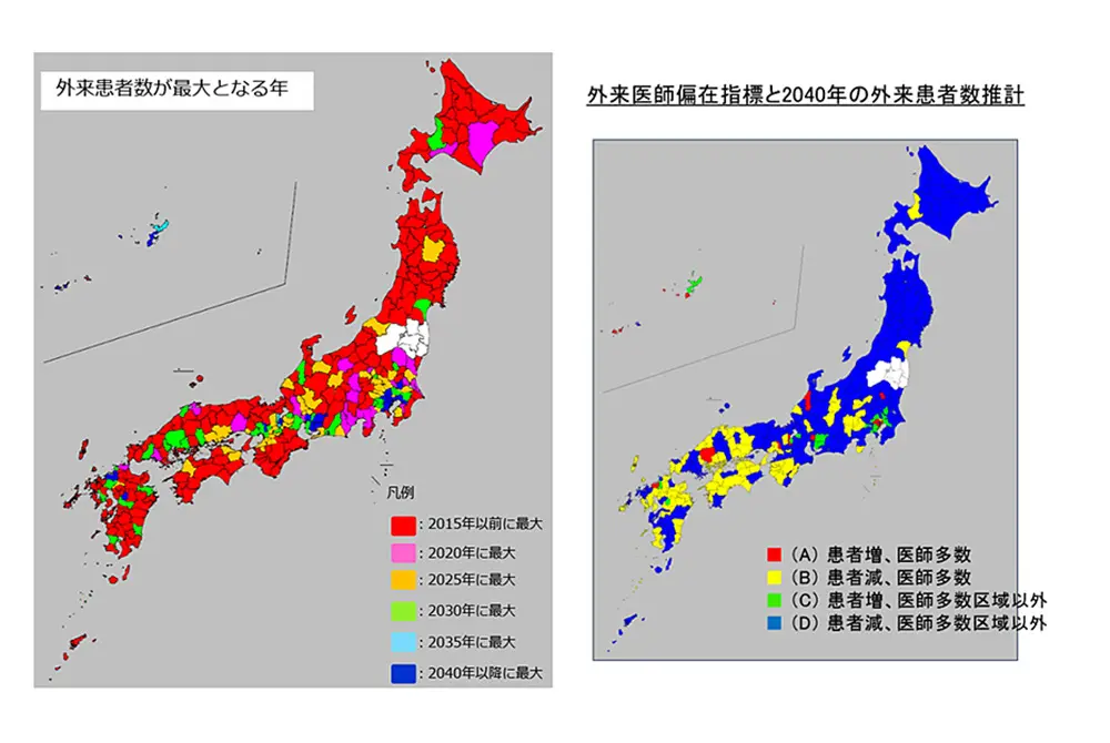日本地図上に、外来患者数が最大となる年と、外来医師偏在指標に基づく2040年の外来患者数推計を示した図。