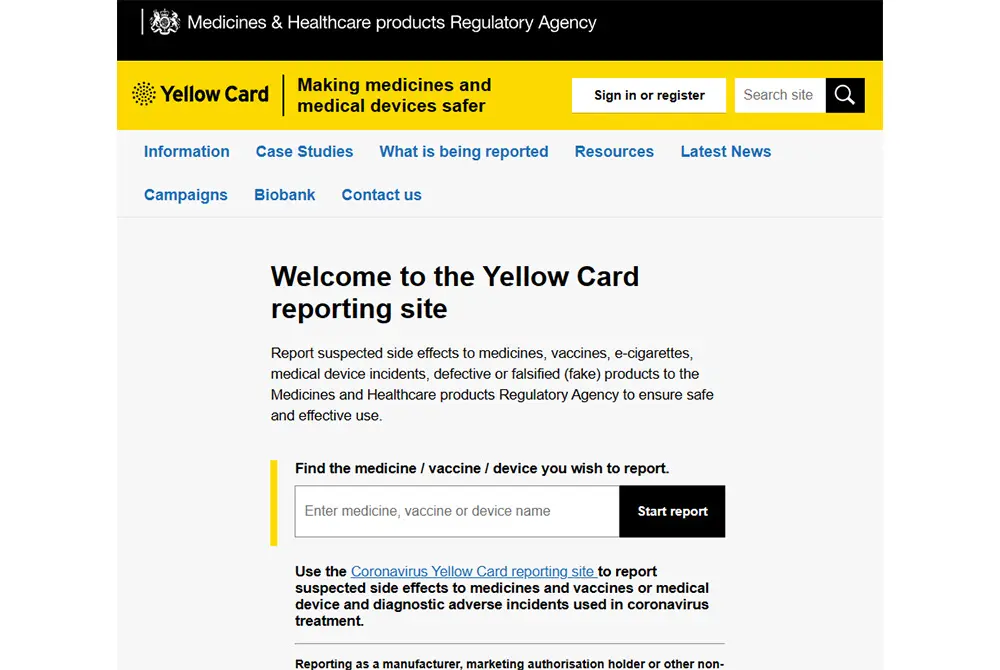 英国ではイエローカードのウェブサイトから副作用の報告が簡単にできる。（出典／英国医薬品・医療機器規制庁）